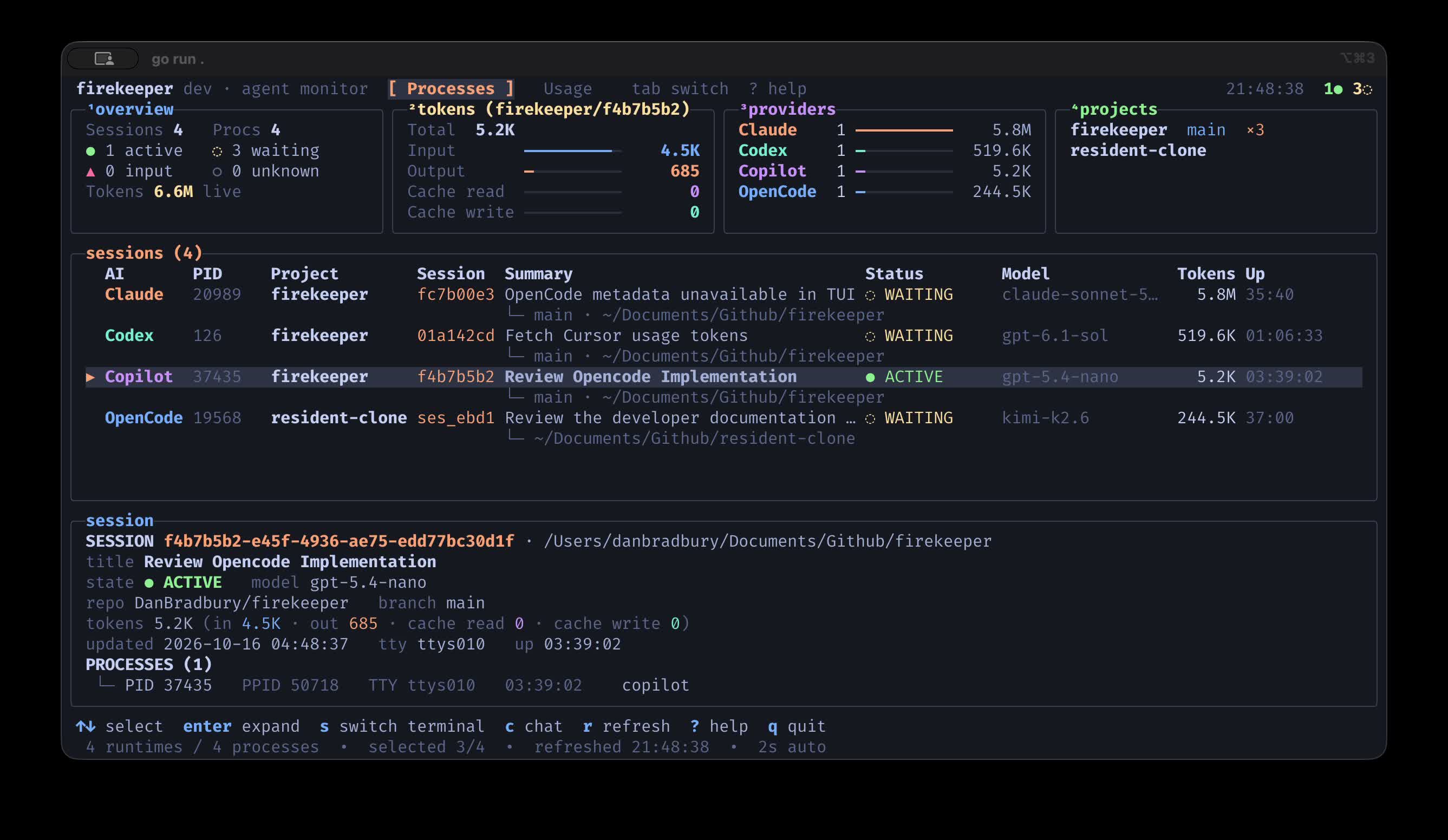 Firekeeper TUI showing live coding agents